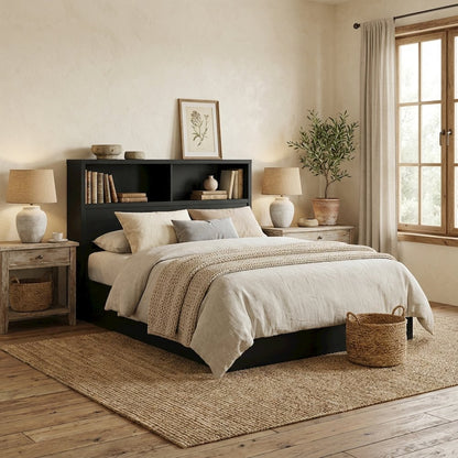 Black Full Headboard with Built-In Bookcase and Plastic Glide for Full Bed