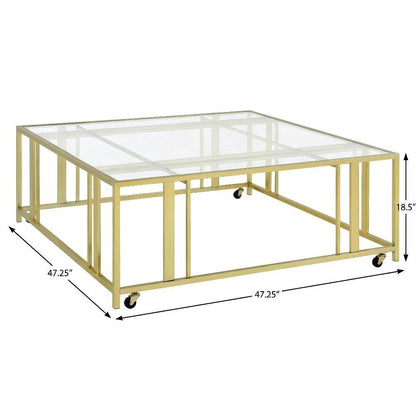 Square Coffee Table Gold Matte Brass Casters Contemporary Design