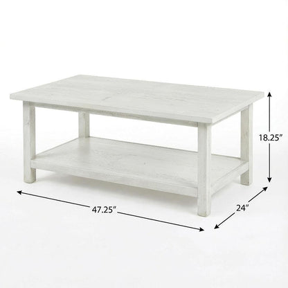 White Farmhouse Wood Coffee Table with Shelf and Rectangular Design