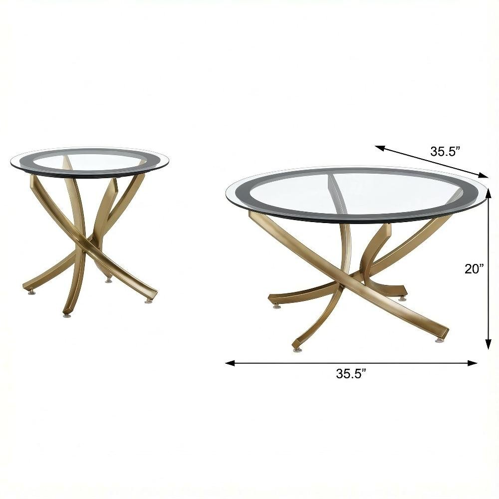 Round Gold Coffee Table Set 2-Piece with Glass Tops and Contemporary Design