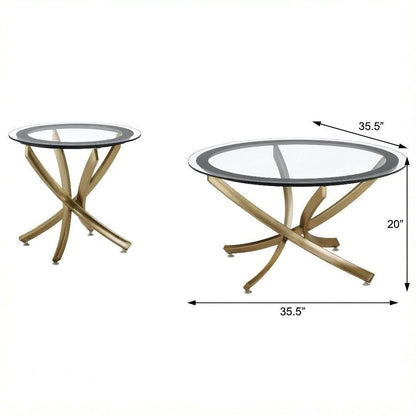 Round Gold Coffee Table Set 2-Piece with Glass Tops and Contemporary Design