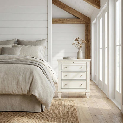 Cream White Bedroom Nightstand with 3 Drawers and Coastal Style