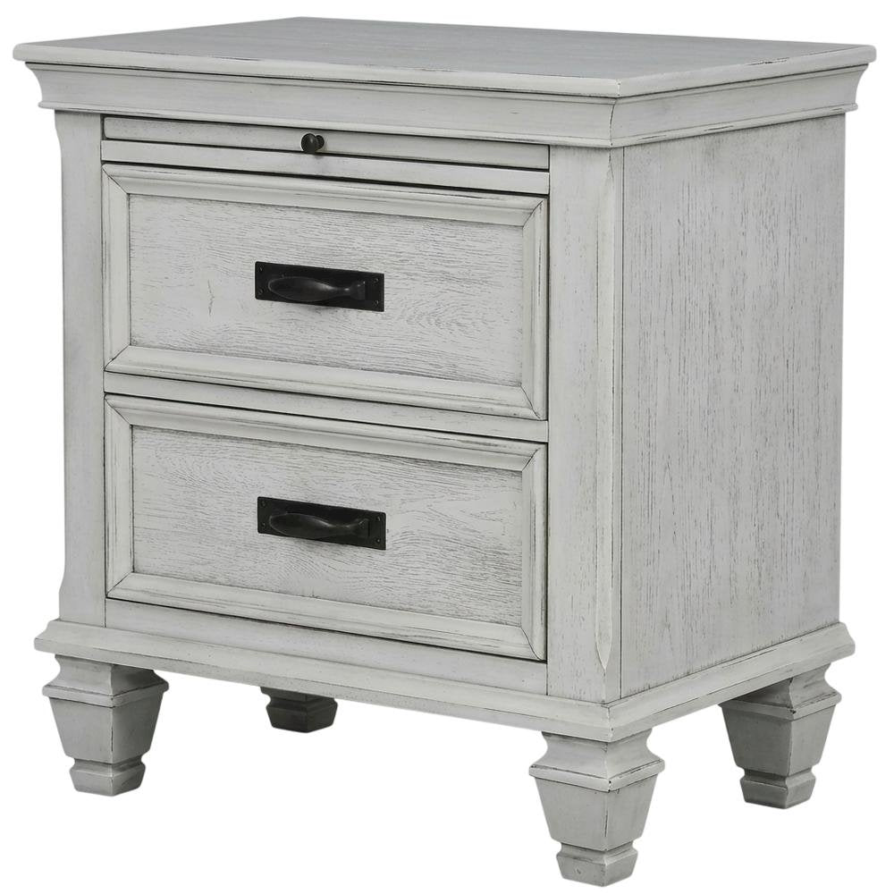 Distressed White Nightstand with 2 Drawers and Farmhouse Style