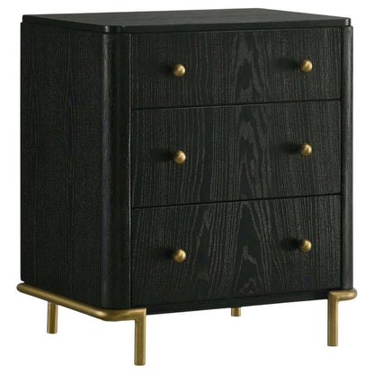 Black Bedroom Nightstand with 3 Drawers and Coastal-Inspired Design