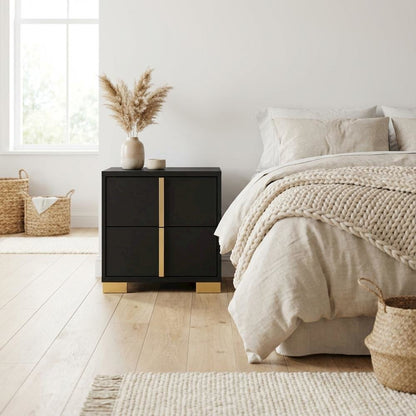 Black Bedroom Nightstand with Metal Legs and Contemporary Style