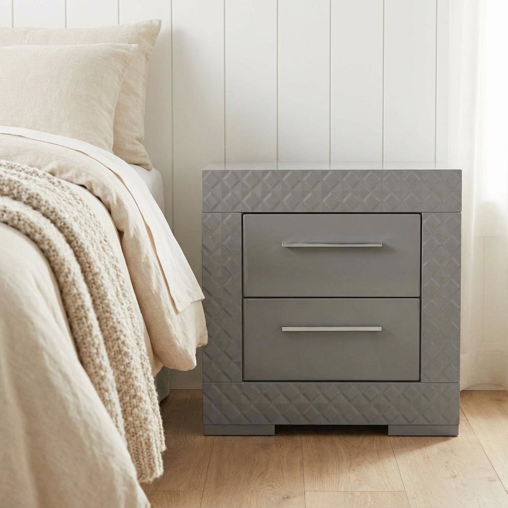 Grey High Gloss Nightstand with Modern Design Bedside Table