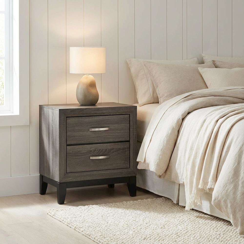 Grey Oak Nightstand with Nickel Finish and Transitional Style