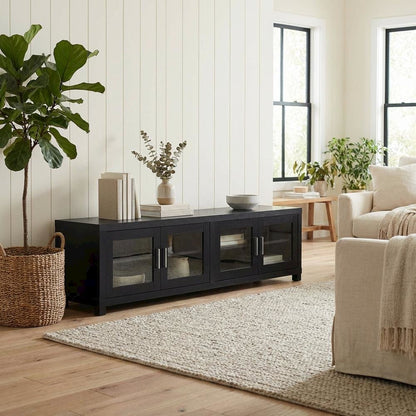 Black engineered wood TV stand, 4 doors, modern design,, durable materials