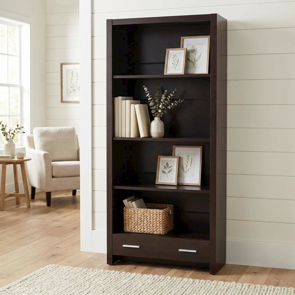 Brown 5-Shelf Bookcase with Drawer and Transitional Design