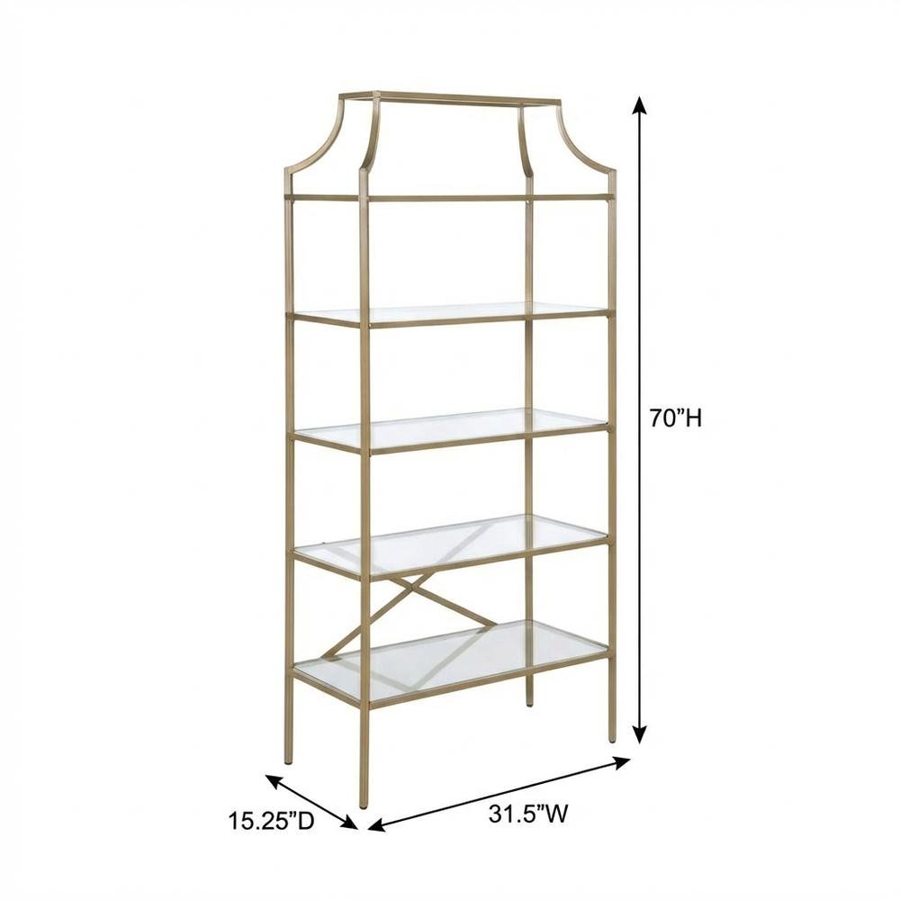Gold 5-Shelf Glass Bookshelf with Contemporary Style and Tipover Restraint