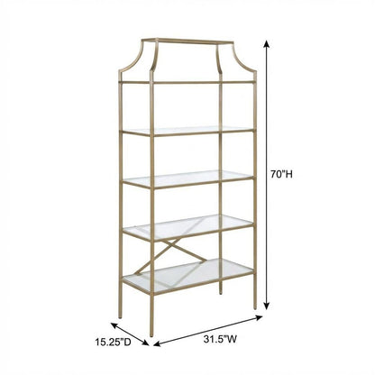 Gold 5-Shelf Glass Bookshelf with Contemporary Style and Tipover Restraint
