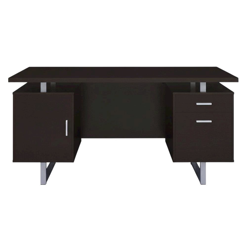 Contemporary Cappuccino Office Desk With 2 Drawers And Metal Legs