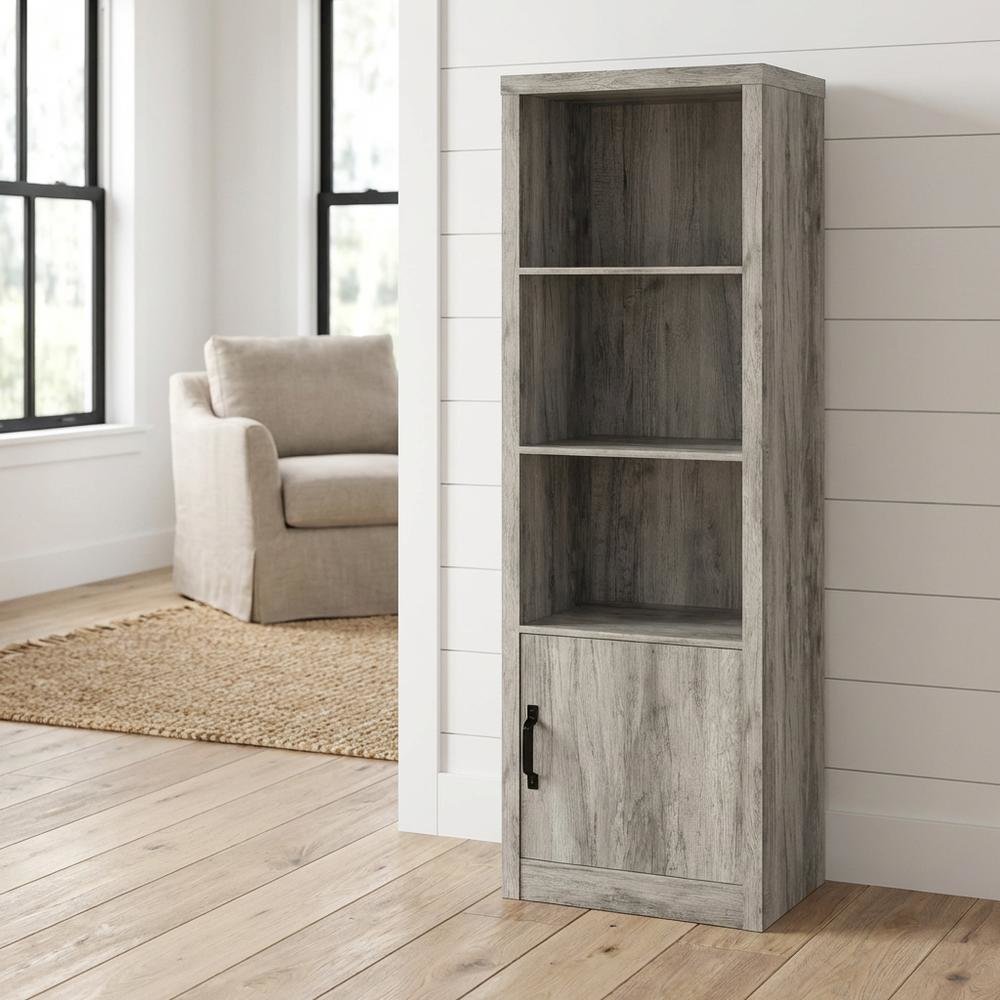 Grey Engineered Wood Media Tower With 3 Shelves, Transitional