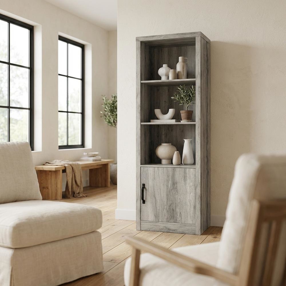 Grey Engineered Wood Media Tower With 3 Shelves, Transitional
