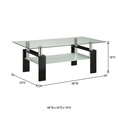 Rectangular Black Glass Top Coffee Table with 1 Shelf for Living Room