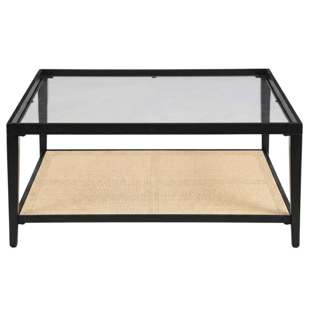 Black Glass Top Metal Coffee Table with Cane Shelf, Transitional Style