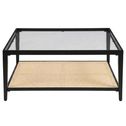 Black Glass Top Metal Coffee Table with Cane Shelf, Transitional Style