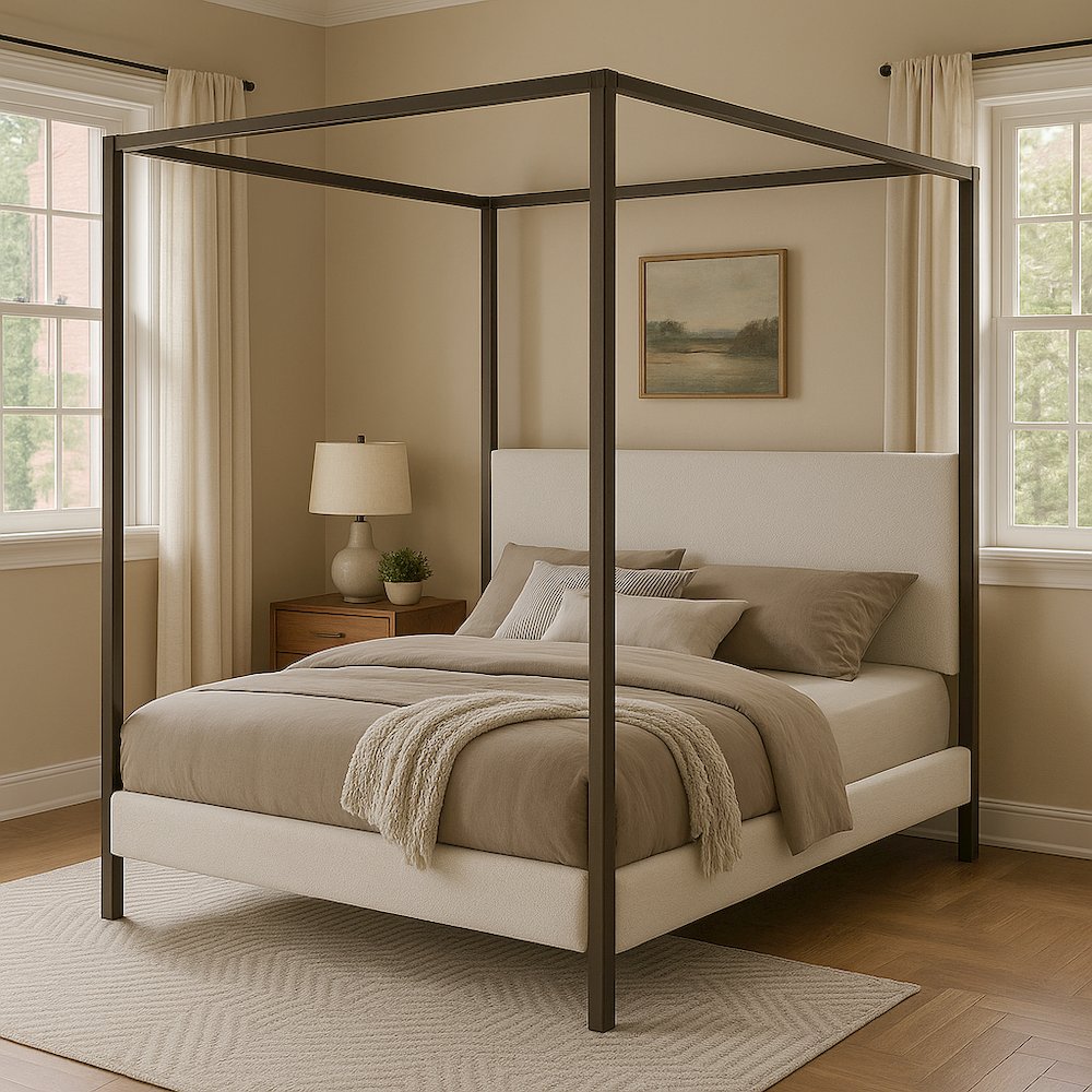 Eastern King Size Canopy Bed Frame with Upholstered Panels in Vanilla Finish