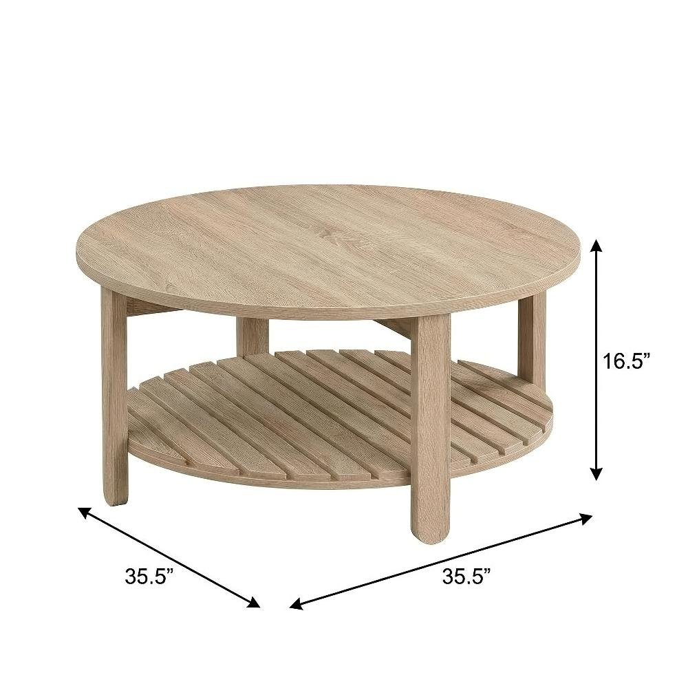 Light Wood Round 2-Piece Coffee and End Table Set with Farmhouse Style