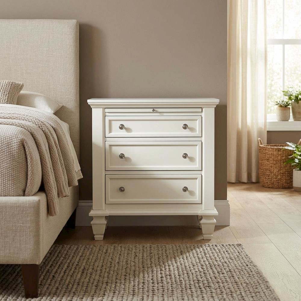 Cream White Bedroom Nightstand with 3 Drawers and Coastal Style