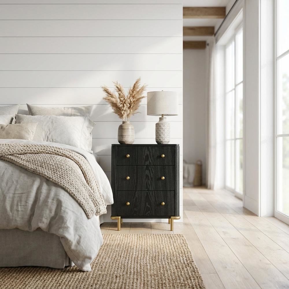 Black Bedroom Nightstand with 3 Drawers and Coastal-Inspired Design