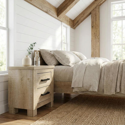 Weathered Oak Nightstand with Two Drawers and Rustic Style for Bedroom Storage
