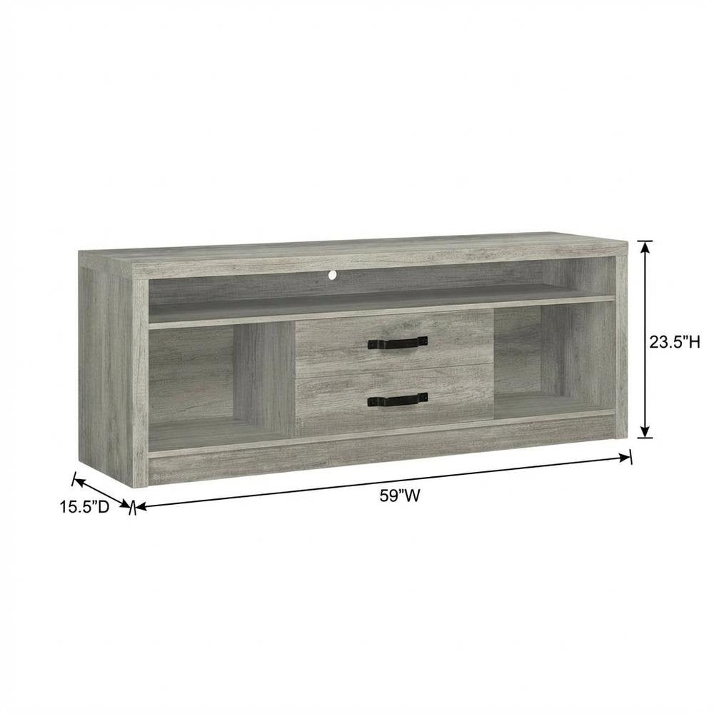 Engineered wood TV stand, two drawers in grey driftwood finish, transitional
