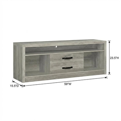Engineered wood TV stand, two drawers in grey driftwood finish, transitional