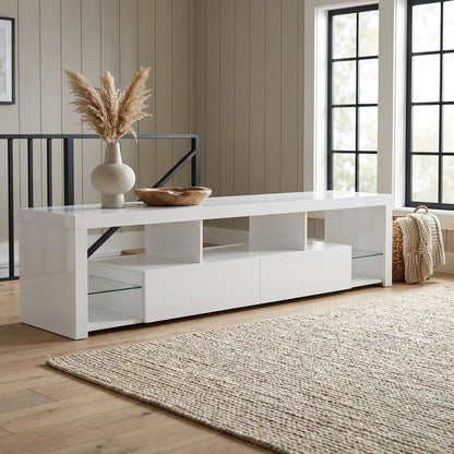 White 2-Drawer TV Stand with High Gloss Finish and Contemporary Style