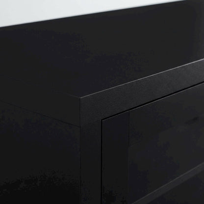 Black engineered wood TV stand, 4 doors, modern design,, durable materials
