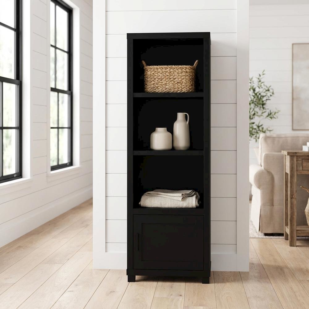 Black 3-Shelf Media Tower With Metal Legs For Storage And Organization