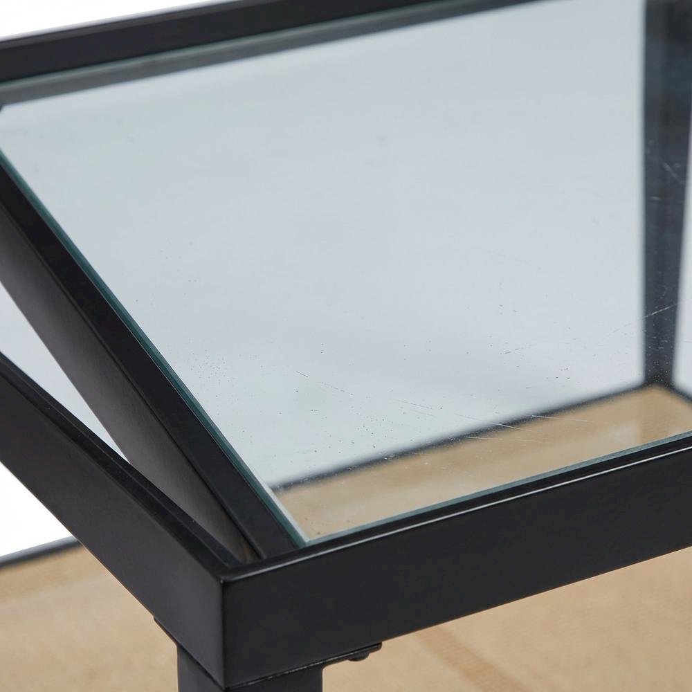 Black Glass Top Metal Coffee Table with Cane Shelf, Transitional Style