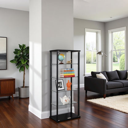 Black Glass Display Case with 5 Shelves, Modern Curio Display Cabinet