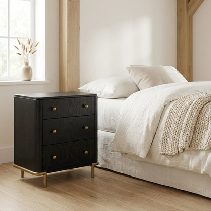 Black Bedroom Nightstand with 3 Drawers and Coastal-Inspired Design