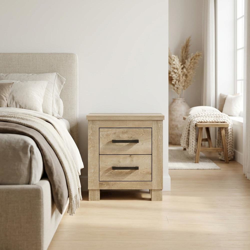 Weathered Oak Nightstand with Two Drawers and Rustic Style for Bedroom Storage
