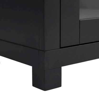 Black engineered wood TV stand, 4 doors, modern design,, durable materials