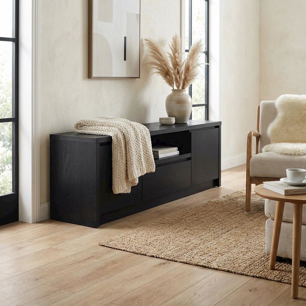 Black 2-Door TV Stand Media Console with Contemporary Style and Engineered Wood