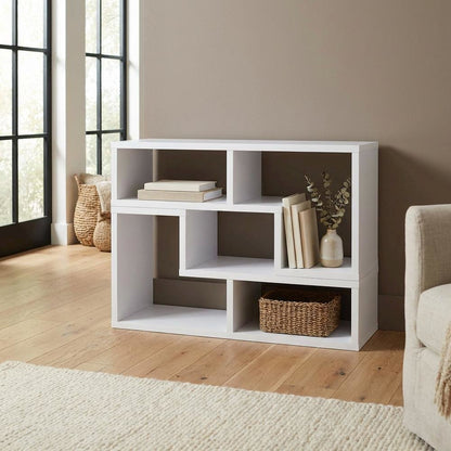 White multipurpose TV stand with open shelving and transitional style