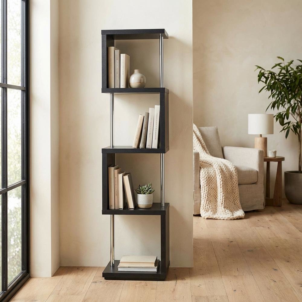 Contemporary Black Bookshelf with 4 Shelves and Tipover Restraint