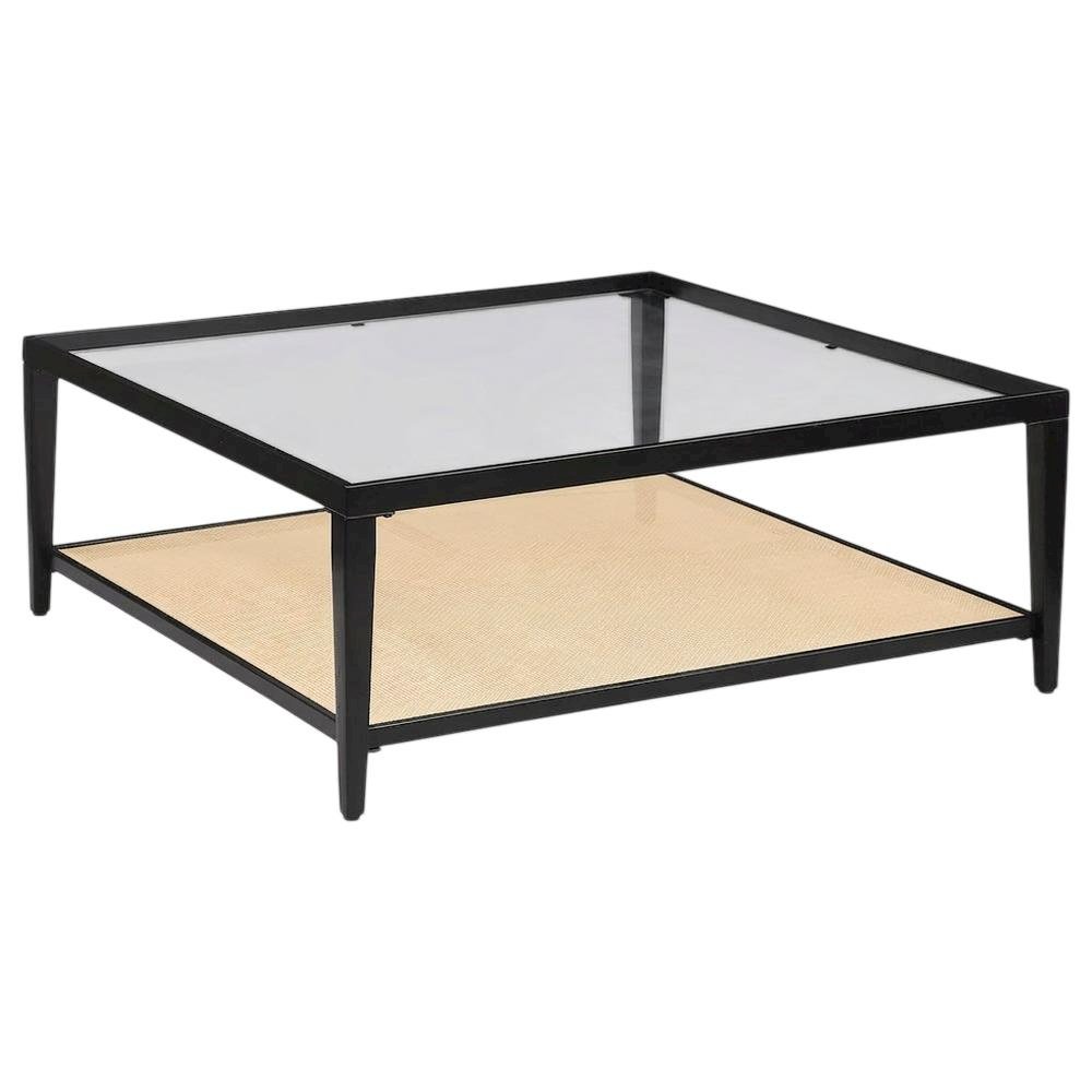 Black Glass Top Metal Coffee Table with Cane Shelf, Transitional Style