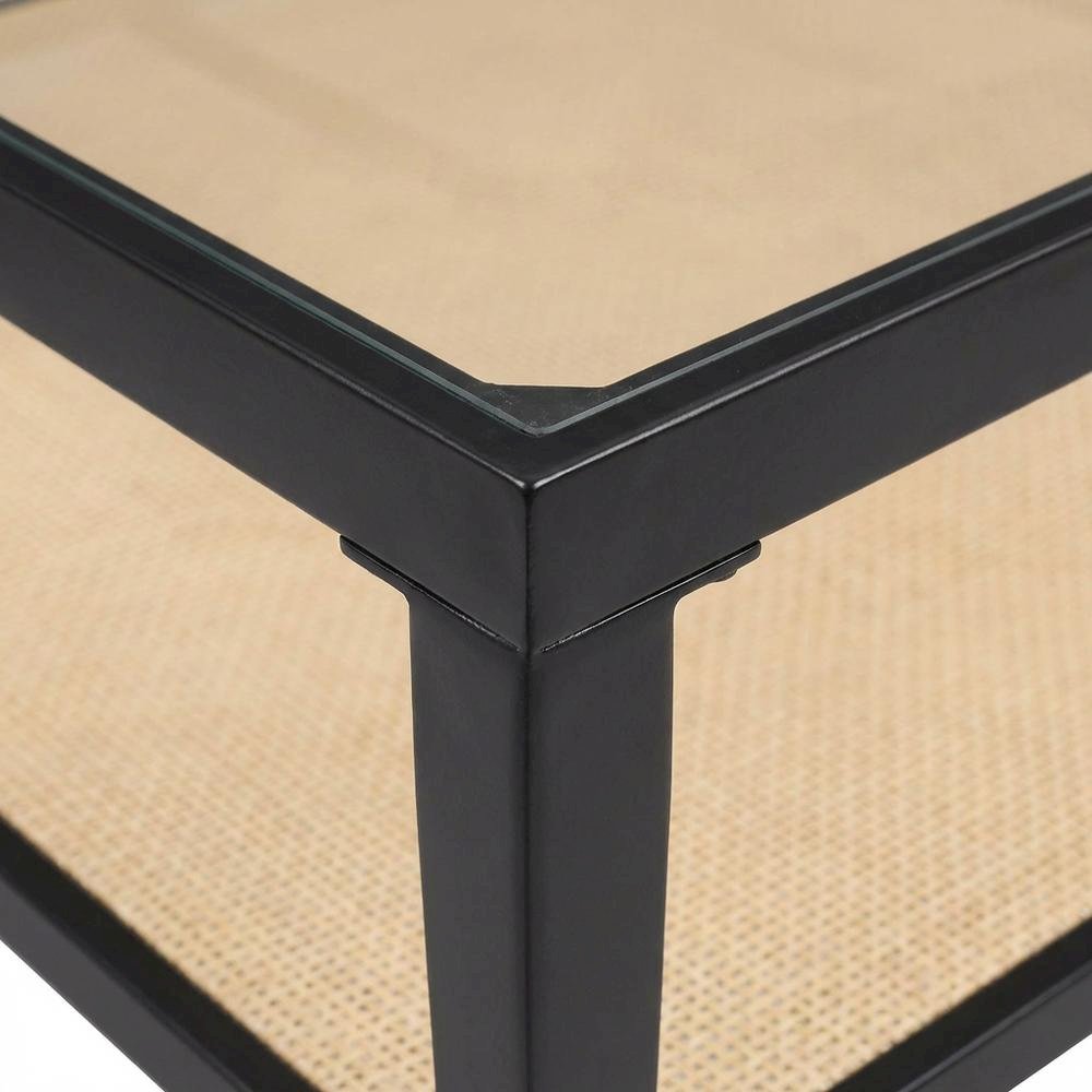 Black Glass Top Metal Coffee Table with Cane Shelf, Transitional Style
