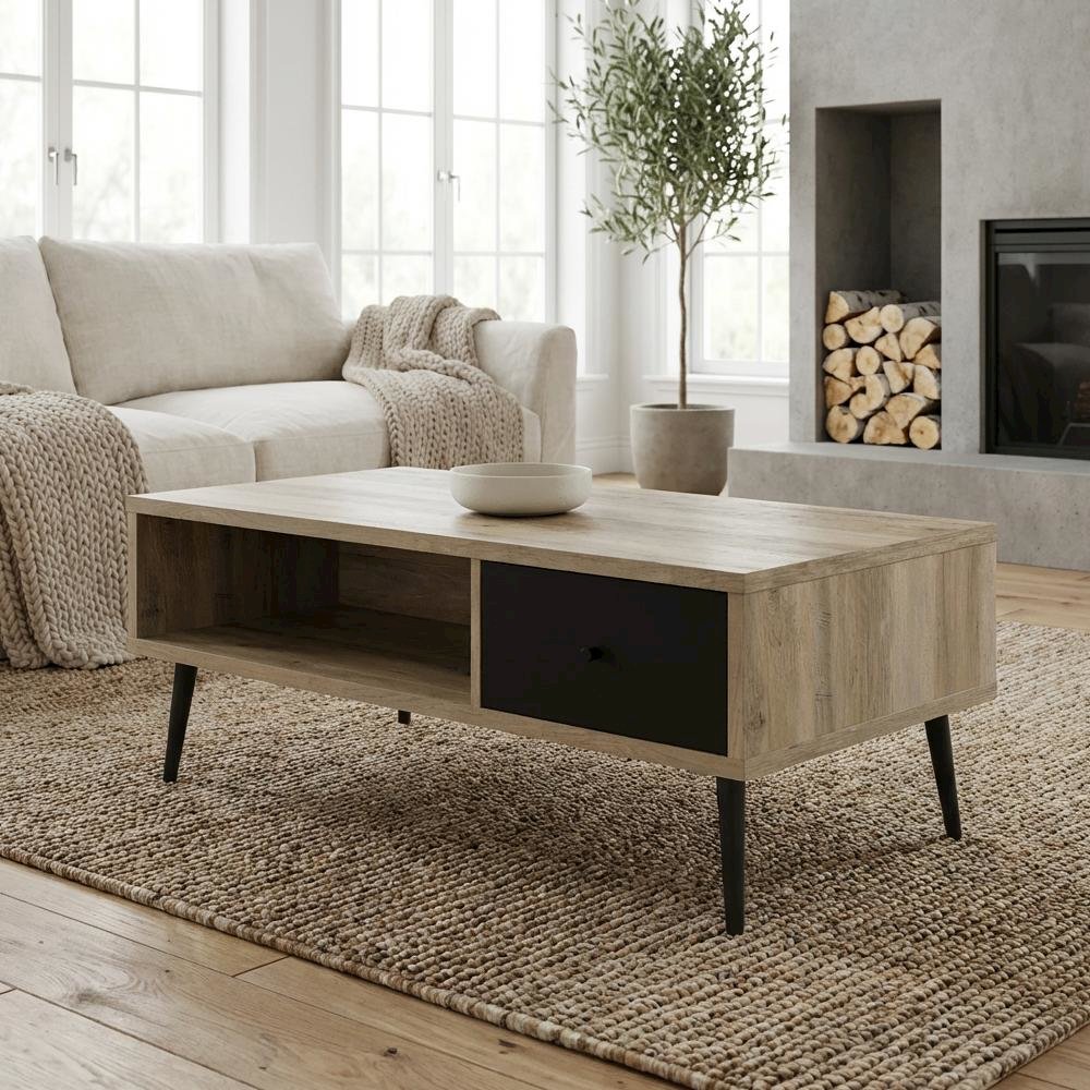 Antique Pine Coffee Table with 1 Drawer Rectangular Grey Finish Mid-Century