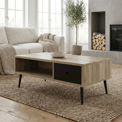 Antique Pine Coffee Table with 1 Drawer Rectangular Grey Finish Mid-Century
