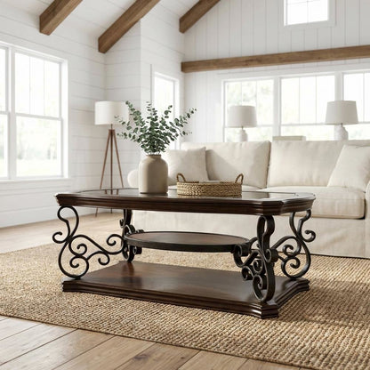 Deep Merlot Rectangular Coffee Table with One Shelf and Glass Top Design