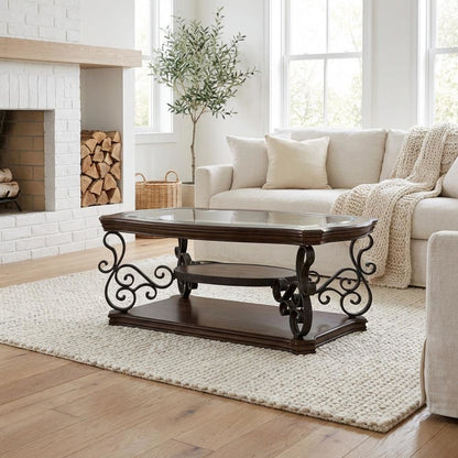Dark Merlot 2-Piece Glass Top Coffee and End Table Set with Rectangular Design