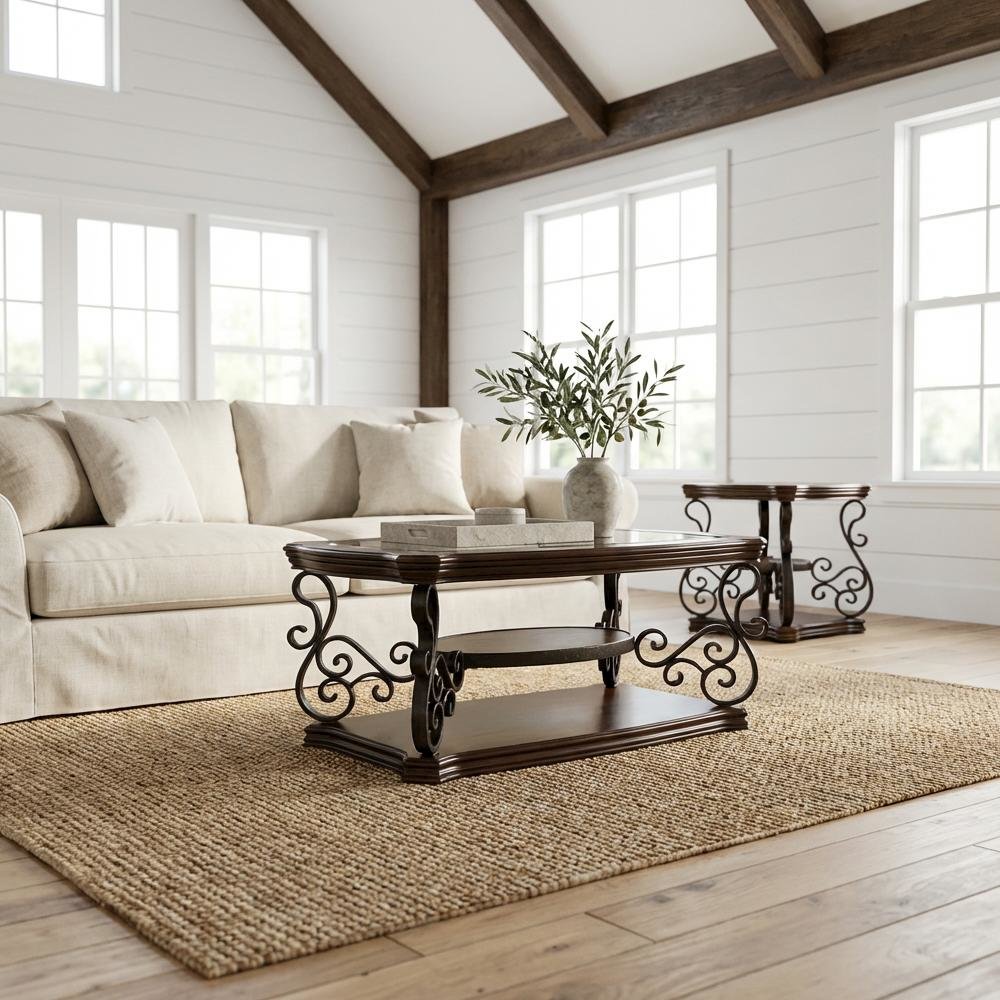 Dark Merlot 2-Piece Glass Top Coffee and End Table Set with Rectangular Design