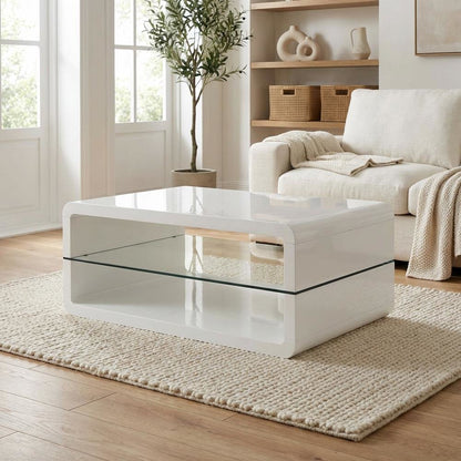White Rectangular Coffee Table with High Gloss Finish and 1 Shelf for Storage