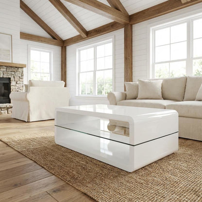 White Rectangular Coffee Table with High Gloss Finish and 1 Shelf for Storage