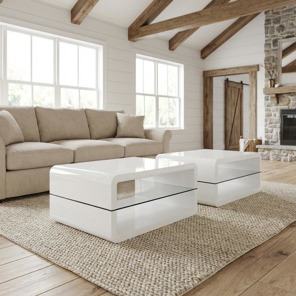 White 2-Piece Coffee and End Table Set with Rectangular Design, Plastic Glides