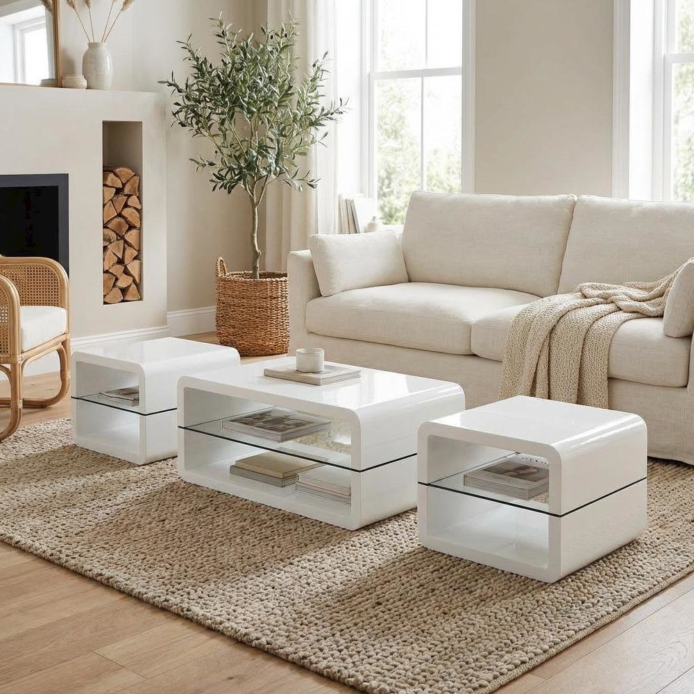 White 3-Piece Coffee and End Table Set with High Gloss Finish and Plastic Glides